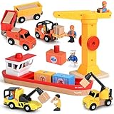 Vanplay Wooden Construction Toys for 3 4 5 Year Olds Boys, Magnetic Port Transport Scene Set - Boat, Tower Crane, Dump Truck, Trailer & Forklift, Boys Toys Gift for Kids Toddler