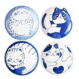 4 Pcs Cute Cat Soy Sauce Dish, Japanese Ceramic Cat Bowls, Sushi Plate Set, Mini Bowls (4 Inch)