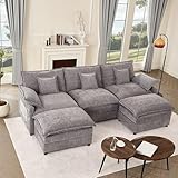 Litbird 274 cm U-Shaped Modular Sofa, 3-Seater Sectional Couch, Cloud Couch with Movable Ottoman, Deep Seat Sofa for Living Room, Slate