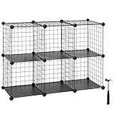 SONGMICS 6-Cube Wire Grid Storage Rack, Interlocking Shelving Unit with Metal Mesh Shelves and PP Plastic Sheets, for Books Shoes Clothes Tools, in Living Room Bathroom, Black LPI111H
