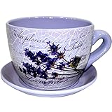 Gr8 Garden Decorative Novelty Terracotta Tea Cup and Saucer Shaped Garden Patio Flower Planter Plant Pot Tub (Large Floral Purple Flower)