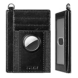 VULKIT Slim AirTag Wallet with AirTag Holder, Leather RFID Blocking Wallet Card Holder Minimalist Airtag Smart Wallet with Keychain
