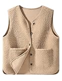 CMTOP Teddy Gilet for Women UK Sleeveless Short Winter Jackets Fleece Gilet Ladies Gilets and Bodywarmers Lightweight and Cozy Outerwear Vest with Button and Pockets(Khaki,M)