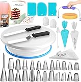 RFAQK 65 PCs Cake Decorating Kit with Cake Turntable-Cake leveler-24 Numbered Piping Tips with Pattern Chart & E Book- Straight & Offset Spatula-30 Icings Bags- 3 Icing Smoother Scraper Set