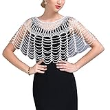 Whitewed Hand Crochet Wrap Handmade Shawl Beaded Crocheted Poncho Cape Bridal Cloak Cover White/Silver