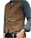 AeoTeokey Classic Mens Wool Tweed Suit Vest Casual Sleeveless Jacket Herringbone Waistcoat for Tuxedos(L,Brown)