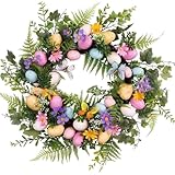 Easter Egg Wreath, Artificial Flower Easter Wreaths for Front Door Colorful Flower Wreath with Easter Eggs for Easter Spring Decorations