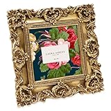 Laura Ashley 4x4 Gold Ornate Textured Hand-Crafted Resin Picture Frame with Easel & Hook for Tabletop & Wall Display, Decorative Floral Design Home Decor, Photo Gallery, Art, More (4x4, Gold)