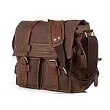 BW Vintage Military Men Canvas Bag - 14.5 inch Mens Vintage Casual Canvas Messenger Bag Men's Military Leather Canvas Travel Briefcase Crossbody Satchel Shoulder School Bag for Notebook Laptop (Brown)