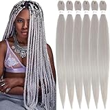 Xusuperb 30 inch Long Silver Braiding Hair Extensions Pre Stretched Grey Braiding Hair 6 Packs Easy Braids Extensions Hot Water Setting Soft Yaki Straight Kanekalon Synthetic Hair for Braiding(Grey#)