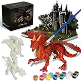 whatstem Kids Arts Crafts Set - Dragon Toys Painting Kit with 3 Dragons Figurines and 3D Jigsaw Puzzle Castle, Best Tween Paint Gift to Create Own Powerful Dragon