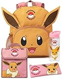 Pokemon Girls Backpack Set | Kids 4 Piece Multicoloured Rucksack Set with School Bag, Pencil Case, Lunch Bag & Water Bottle | Eevee with 3D Ears Complete Matching Bundle | Back to School Gifts