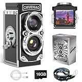 CHUZHAO Retro Digital Camera, Mini Vintage TLR Camera with Waist-Level Viewfinder, 1080P FHD Video 12MP Autofocus Vlogging Cameras with Black & White Filter 16GB Card for Beginners Adults Teens Kids