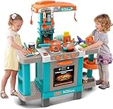 Kids Pretend Kitchen Role Play Set with Induction Hob, Sink, Coffee Maker, Toaster, Sounds and Lights Effects, Many Play Food & Pots, Utensils