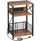 AMHANCIBLE Record Player Stand with Charging Station, 3-Tier Bedside Table with Storage Cabinet, Side Table Hold Up to 100 Albums, Vinyl Record Stand for Living Room, Bedroom, Rustic Brown HETCD01BR-1