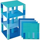 Blue, Turquoise, Robin's Egg, and Sky Blue Stackable Base Plates - 4 Pack 15cm X 15cm Baseplate Tower Bundle with 34 5cmx5cm Stackers- Compatible with LEGO Blocks, Compatible with LEGO Base Plates