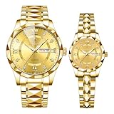 JewelryWe Pair of Watches Luminous Partner Watch: 2pcs 30m Waterproof Calendar Analogue Quartz Couple Wristwatch Gold Stainless Steel Bracelet Friendship Watch with Roman Numerals Diamond Scale
