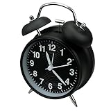 homchen 4” Twin Bell Alarm Clock Non Ticking, Battery Operated Old Fashioned Loud Alarm Clock with Nightlight for Bedrooms(Black)