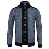 LY4U Men’s Knitted Cardigan Full Front Zipper with 2 Side Pockets, Stand Collar Warm Fleece Lined Winter Coat Jumpers Blue