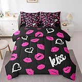 Erosebridal Lips Print Bed in a Bag Queen Comforter Set 7 Piece,Kiss Comforter and Sheet Set,Romantic Women Red Lip Bedding Set,Kiss Marks Bed Set Mouth Lipstick Trace Lovers Room Decor