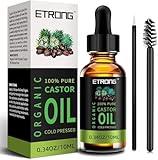 ETRONG Organic Castor Oil,Pure Cold Pressed Castor Oil for Eyebrows,Eyelashes,Hair Growth,Nails,and Skin with 1 Set of Eyebrow&Eyeliner Brushes (10 ml)