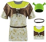 AYYOHON Ogre Green Costume For Men Women With Ear Hat Cosplay Halloween Printed T-Shirt Leather Vest Party Fancy Dress XS