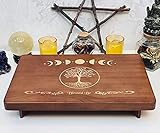 Altar Table, Meditation Table, Small Altar Table, Wooden Witch Altar, Wiccan Alter Table, Buddhist Shrine, Engraved Moon Phase and The Tree of Life on Table Top, 12 × 8 inches