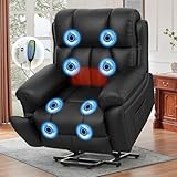 SQUEBILIFE Recliner Chair, Electric Recliner Armchair with Massage & Heat, Extended Footrest, Type C+USB Port, Hidden Cup Holder, Side Pocket Reclining Chair Sofa Lift Chair For the Elderly (Black)