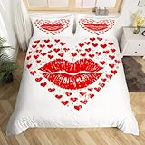 Red Lip Bedding Set Kiss Lips for Woman Comforter Cover King Love Heart Bedding Valentine'S Day Bed Set for Kids Boys Girls,White