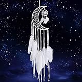 Dremisland White Dream Catcher Handmade Moon Design with Feathers Indian Dreamcatcher Wall Hanging Home Decoration Ornament Christmas Festival Craft Gift