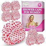 SOL 8pk Shower Caps for Women UK, Red Polka Dot Design, Waterproof Reusable & Large Disposable Bath Hat Men, Durable Plastic, Travel-Friendly, Stretchable Elastic for Long Hair Ladies