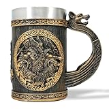 AtSKnSK Viking Beer Mug - 304 Stainless Steel Beer Stein, 0.6 Liter/21 oz Resin Carving Metal Cup, Norse Mythological Designs, Birthday Viking Beer Gifts for Men (Thor)