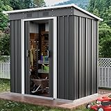 ELUCHANG Metal Garden Shed 6x4ft, Outdoor Storage Tool House, Galvanized Metal Bike Shed, with Strong Reinforced Pent Roof, 1 Lock, Foundation, Double Sliding Doors, 2 Vents, Anthracite