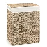 Woodluv Laundry Basket With lid Medium, Seagrass Laundry Hamper Bin Storage Organiser, Washing Basket for Dirty Clothes Bathroom, Natural, 39 x 29 x 49 (H) cm