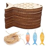 30pcs Unfinished Wood Fish Hanging Ornament, Wooden Blank Fish Shaped Cutout Natural Wooden Fish Tags with Hole Hemp Ropes Wood Fish Plank for Crafts Decoration Gift Art Project Souvenir