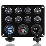 KAOLALI 12V Switch Panel, Camper Control Panel 8 Switches + 12 V Cigarette Lighter Socket + LED Voltmeter + 4.2 A Dual USB Charger for Boat Camper Van Caravan RV
