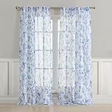 Laura Ashley Summer Palace Window Curtains with Rod Pocket, 96-inch Length, 2 Panels Set, Sheer Light Filtering, Blue