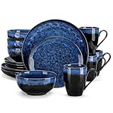vancasso Starry Blue Dinner Set - Reactive Enamel Dinnerware - 16 Piece Dinner Set with 11" Dinner Plate, 8" Dessert Plate, 7" Bowl and 11oz Mug