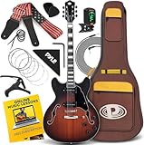 Pyle Semi Hollow Body Electric Guitar Set, 41.8"/106cm Full Size Jazz Instrument Kit w/Gig Bag and Accessories, Matte & Sunburst Finish