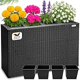 CASARIA® Flower Box | Large Tall Rattan Flower Pot Planter | 4 Removable Inner Plant Pots With Water Drain | Poly Rattan Mesh Trough Flower Box Planters Outdoor Garden | 95x27x60cm | Black