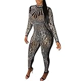 IQYU Sexy Catsuit Women's Nightclub Sequins Stand-Up Collar Long Sleeve Jumpsuit Evening Party Slim Fit Sexy Bodysuit Pyjamas, black, M