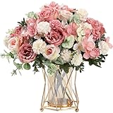 HNVNER 2 Bunches Artificial Roses Peonies Pink Artificial Flowers, Fake Peonies Faux Hydrangea Silk Flower Bouquet for Home Wedding Party Decoration Arrangement