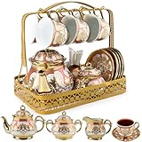 Porcelain Tea Cup and Saucer Set, 22Pcs Luxury Large Tea Sets, 220 ml Tea Coffee Cup, 1100ml Ceramic Teapot Set with Metal Holder,European Flower Tea Coffee Serving Sets for Wedding,Party,Wommen,Gift