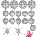 16 PCS 4D Aluminum Foil Balloons - Round Balloons for 70s 80s 90s Theme Disco Party Decorations - Silvery