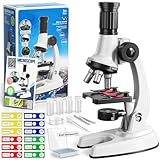 65 Pieces Microscope Kit for Kids Ages 5-7 8-13, 100X-1200X Magnification with 7 Colors of LED Lights and 12 Prepared Slides, Science Experiment STEM Kits for Boys and Girls Age 8-12 Years