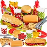 BUYGER Pretend Play Kitchen Food Set Toys for 3 4 5+ Years Olds, Plastic Hamburger Fast Food Kids Kitchen Accessories with Tray for Kids Boys Girls