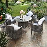RayGar 5pcs Rattan Dining Set Garden Patio Furniture - 4 Chairs & Round Table - Grey