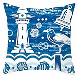 Isdreem Linen Pillow Cover Zipper King Cushion Pattern Lighthouse Bird Bell Rectangular Rv Throw Covers Blue White 40x40cm