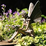 Garden Mile Sitting Fairy Garden Statue Magical Elf Garden Ornaments Outdoor Unusual Bronze Effect Fairies Figurines Resin Statues Patio Porch Flowerbed Gifts For Women Men