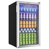EUHOMY 90L Drinks Fridge, 126 Can Beer Fridge with Glass Door, Small Refrigerator with Adjustable Shelves for Soda Beer or Wine, Home/Bar/Office, Silver, Steel, One-Touch Control